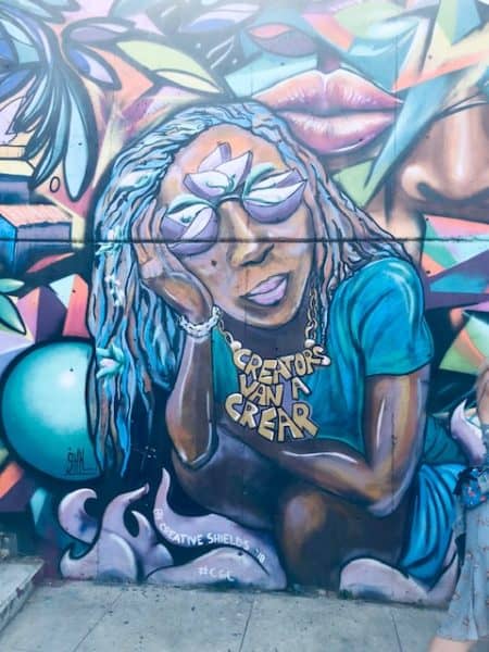 mural of a woman, communa 13, art, street art, mural, painting of a woman in blues and purples