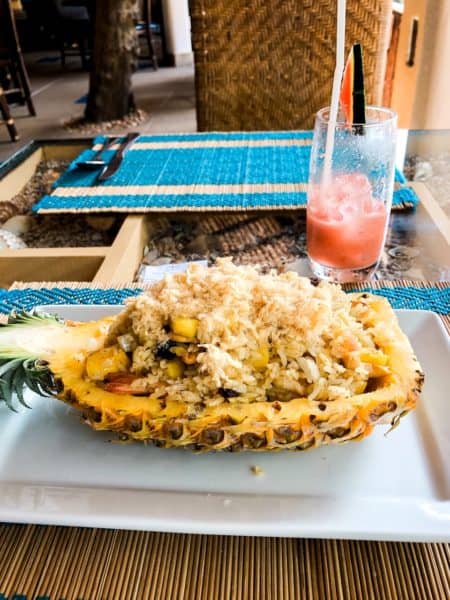 chicken dish in a pineapple, pineapple, lunch