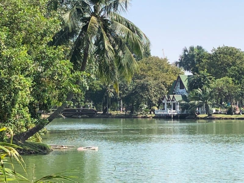 lumphini park, lumpini park, sukhumvit, bangkok parks, lumpini park bangkok, lumphini park bangkok, bangkok, lake with lots of trees and a boathouse
