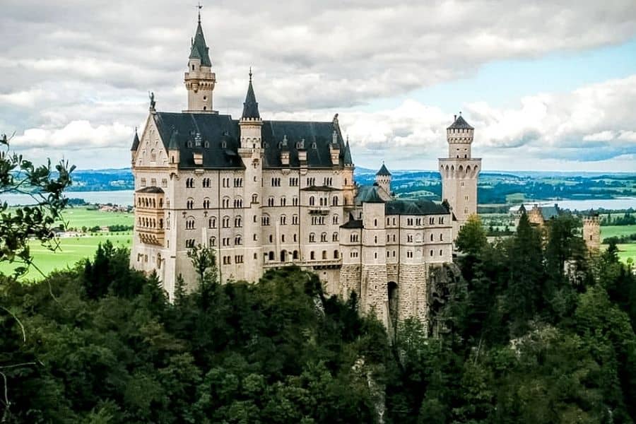 Neuschwanstein castle, beautiful view of the caste from on top of the mountain, munich day trips, best day trips from munich