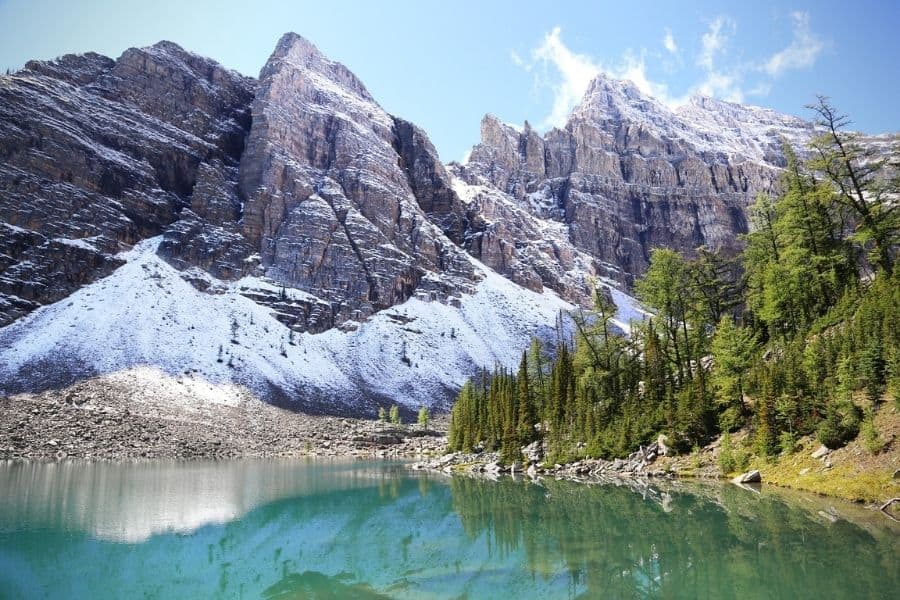 lake agnes, banff attractions, lake with snow covered mountains and pine trees
