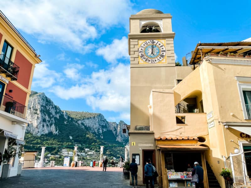clocktower in capri town, bright blue skies, things to in capri, capri town