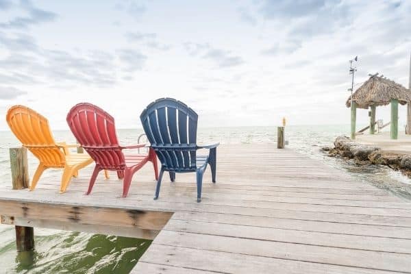 beach chairs on the pier, bungalow key largo, key largo beaches