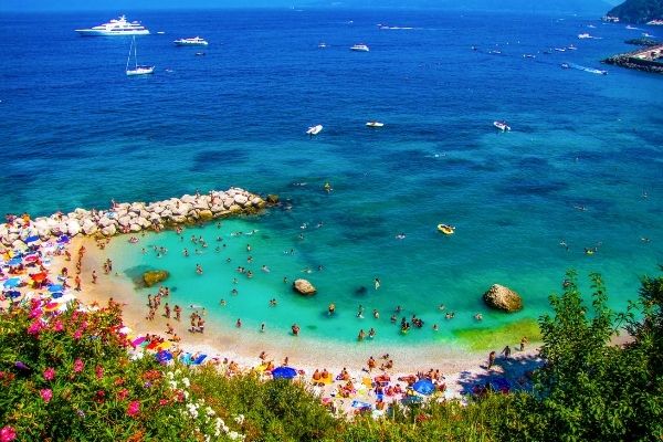 aeriel view of the beach, flowers, boats out on the horizon, capri beaches, capri island