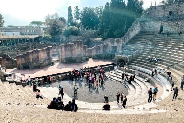 top view of the grand theatre, amphitheater of pompeii, pompeii ruins 