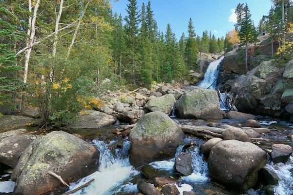 waterfall and creek with trees in the distance, visit rocky mountain national park