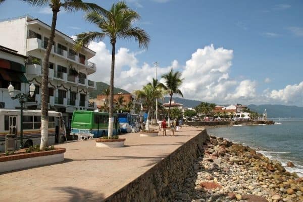 coastline of PV with hotels and buses in the background