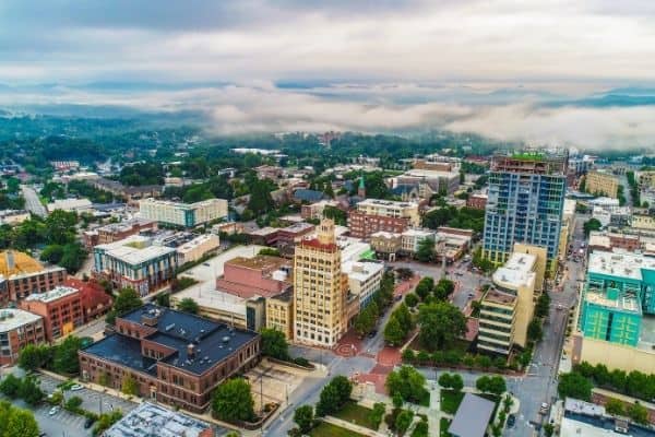 drone view of downtown asheville, where to stay in asheville nc, best places to stay in asheville nc