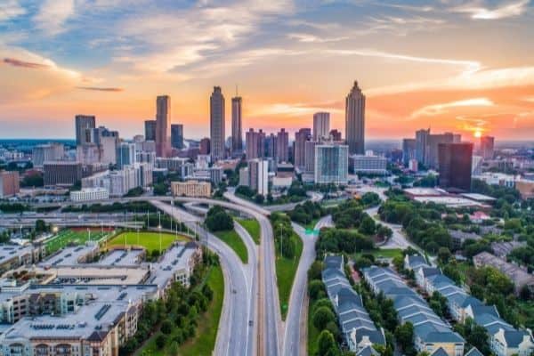 aerial view of atlanta roadways and buildings, things to do in buckhead, things to do in midtown atlanta, 
downtown atlanta events

