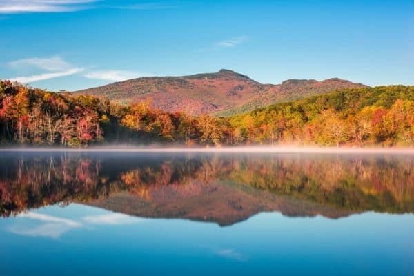 grandfather mountain, leaves changing colors, mountains reflecting in lake, day trips in north carolina , when to visit asheville nc