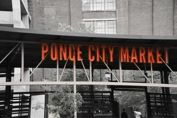 outside of ponce city market, red sign, ponce city market