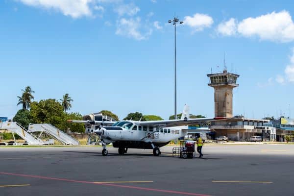 zanzibar airport, plane on airstrip, best places to stay in zanzibar