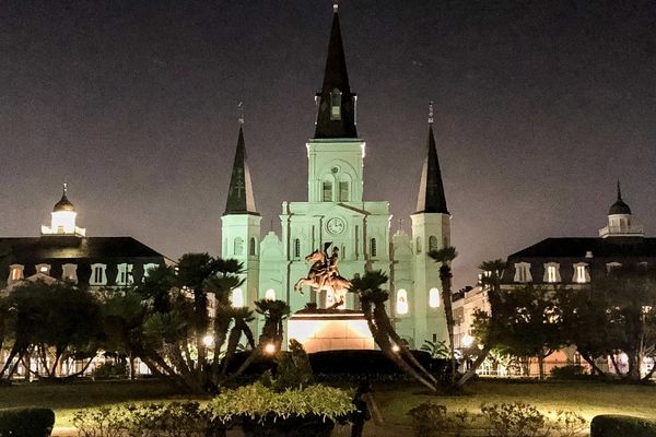 St. Louis Cathedral at night, St Louis Square, Andrew Jackson Statue, french quarter walking tour, French quarter walking tours, french quarter tour