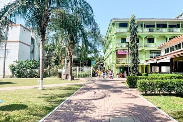 san ignacio belize, things to do in san ignacio, green building with palm trees and a walking path