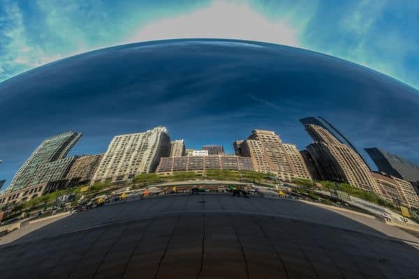 chicago bean, cloud gate, reflection of the buildings in the metal bean