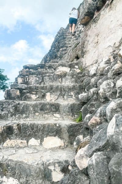 stairs to the top of the ceremonial temple, rock stairs, steep stairs, el castillo pyramid at xunantunich in belize 
