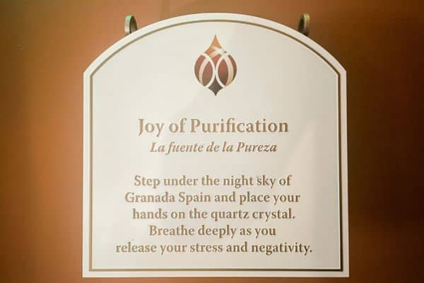 sign at the entrance of the joy of purification room explaining what is in the room and the purpose of treatment there