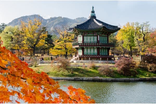 gardens with small part of the palace, trees with orange and yellow leaves, places to visit in seoul south korea, places to visit in seoul