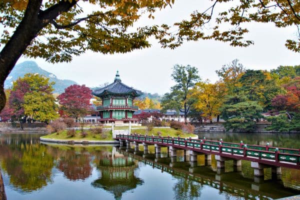 gyeongbokgung palace, mountains in the distance, trees turning into autumn colors of yellow, green, red, and purple, things to do in seoul, things to see in seoul