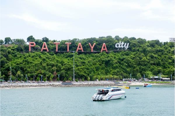 pattaya city sign above the beach, weekend trips rom bangkok, trips from bangkok, bangkok day trips
