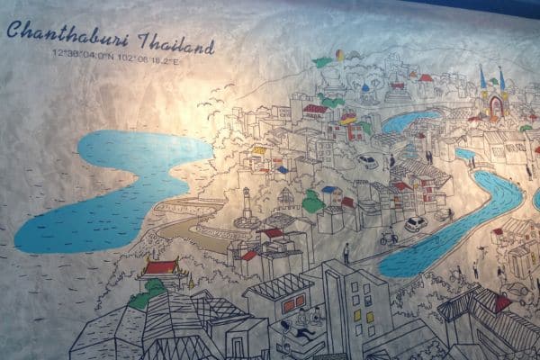 painted map of chanthaburi on a coffee shop wall, things to do in chanthaburi, living in chanthaburi