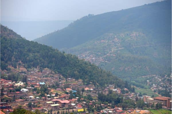 high up view of the mountains and buildings in kigali city, places to visit in kigali, things to do in kigali
