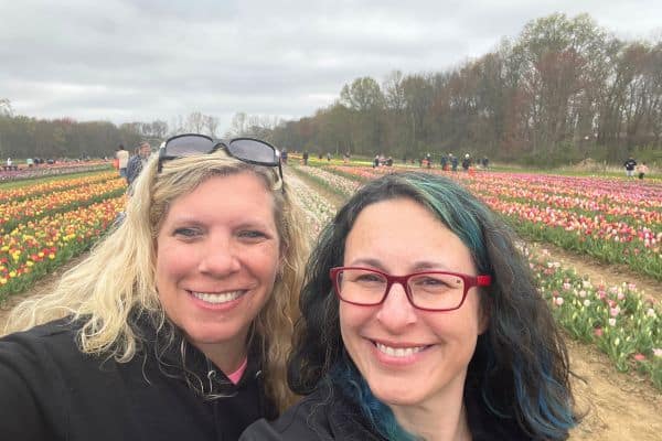 selfie of my friend and I in the tulip fields