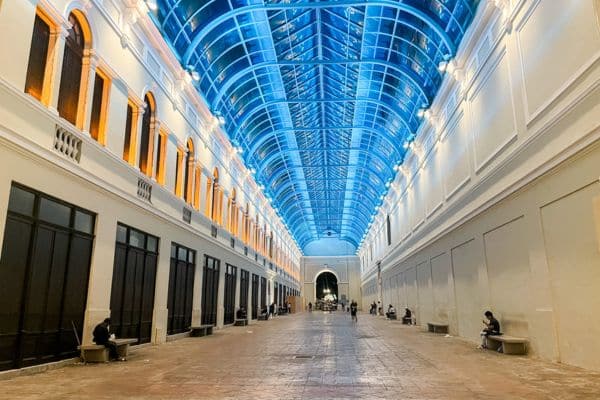 hallway in the pasaje de la revolucion, ceiling lit up in blue