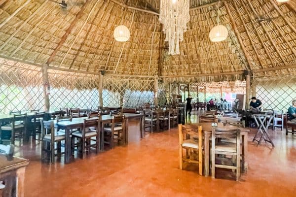 inside of restaurant, thatched roof with chairs and tables 